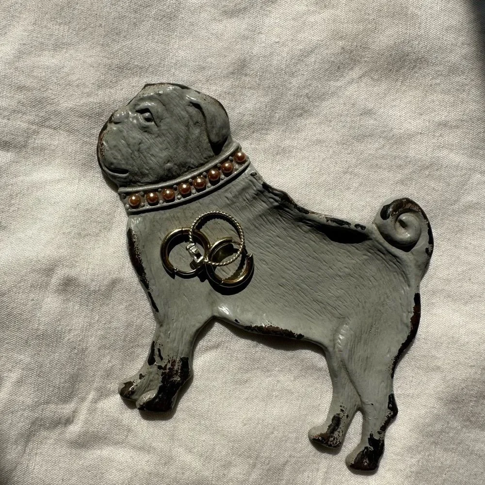 Vintage Cast Iron Pug Ring Jewelry Dish Patina